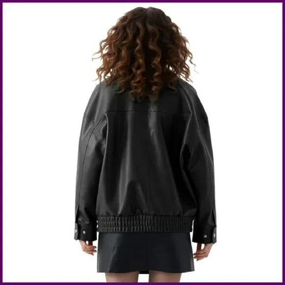 Oversized Faux Leather Motorcycle Jacket Women's Bomber with Pockets